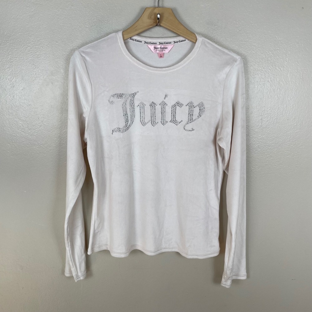 Juicy Couture Women's L Pajama Top Cream Velour Rhinestone Logo Long Sleeve NEW‎